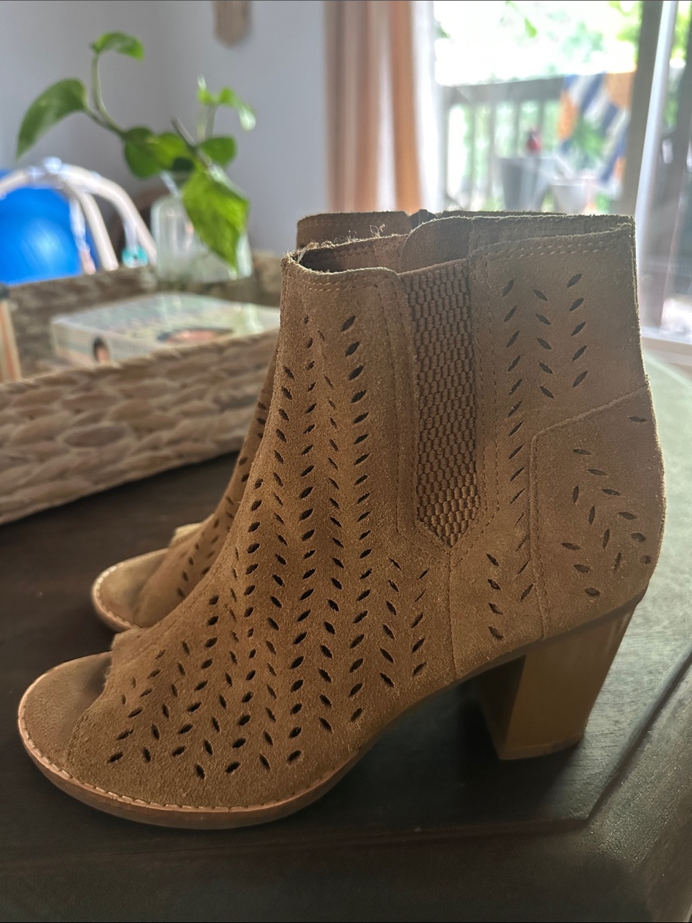 Toms Women's Tan Suede Peep-Toe Booties